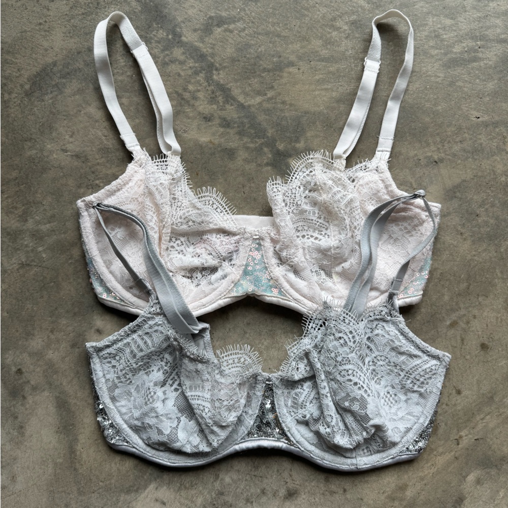 2 Pair! Victoria’s Secret Dream Angels Wicked Sequin Lace Bra in Silver & White